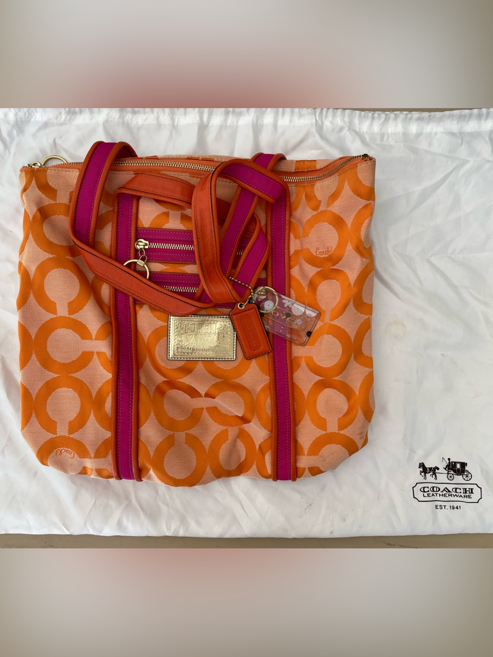 RARE Coach Orange and Pink Signature Canvas Tote - Picture 1 of 7